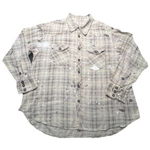 💥SOLD💥Magnolia Pearl Distressed Earthy Neutral Distressed Plaid Button-Down, OS